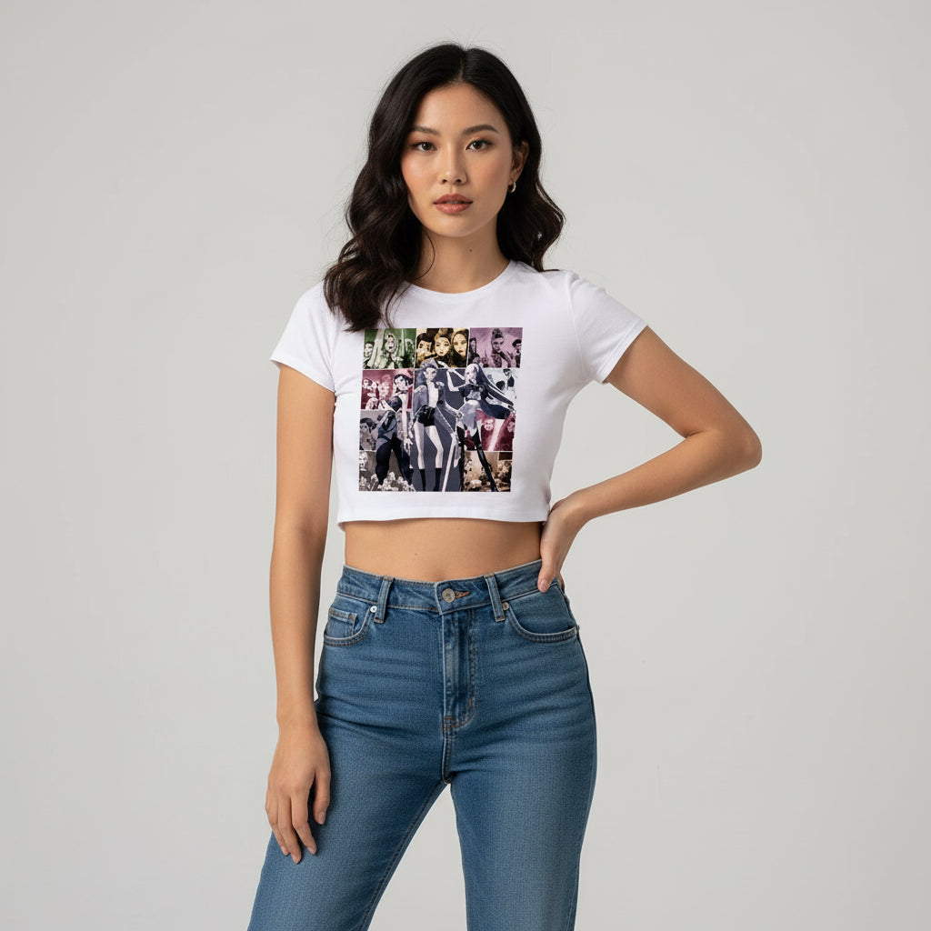 Vit kort tröja crop top för tjejer med Kpop Demon Hunters tryck