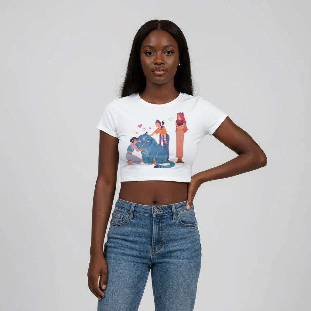 Vit kort tröja crop top för tjejer med Kpop Demon Hunters tryck