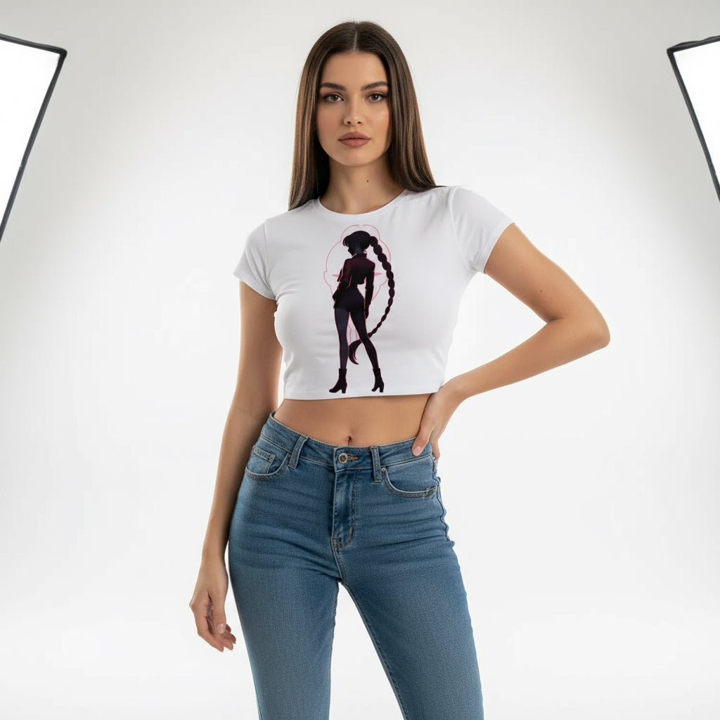 Vit kort tröja crop top för tjejer med Kpop Demon Hunters tryck