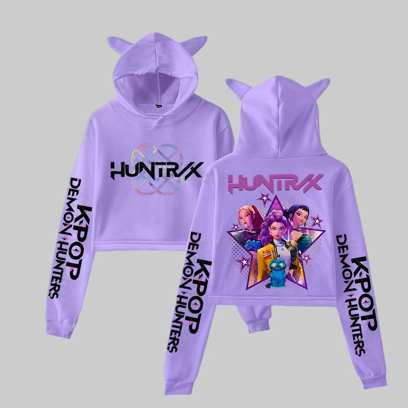 Anime crop hoodie för tjejer. Trendig K-pop streetwear med långa ärmar, kattöron och kort modell.