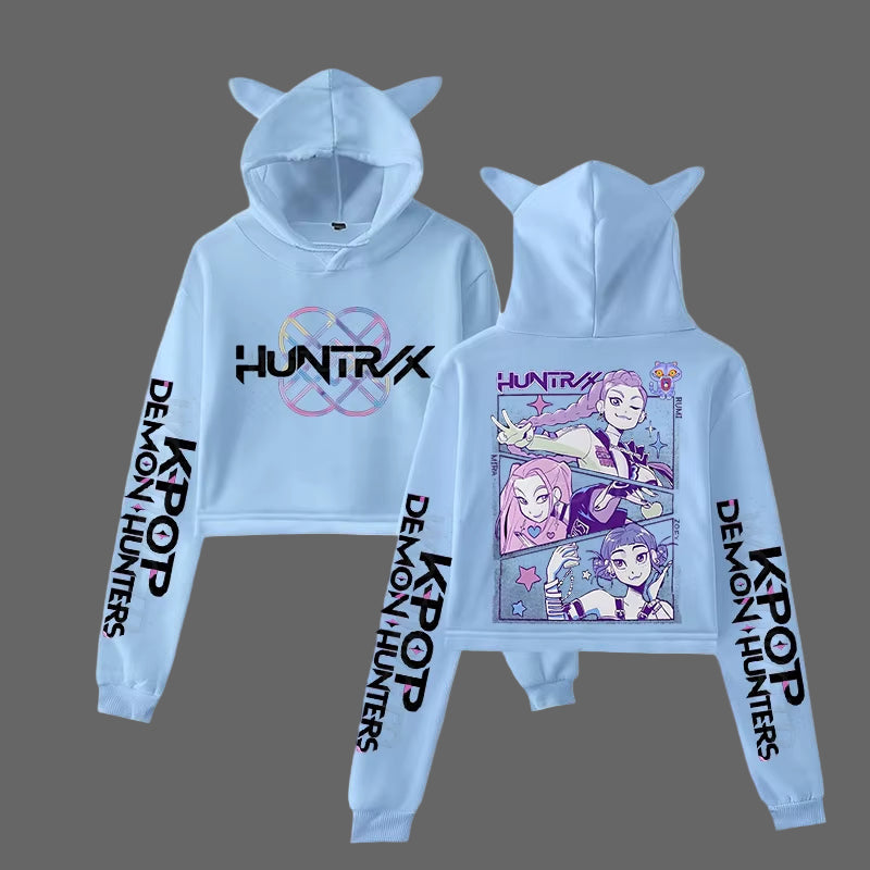 Anime crop hoodie för tjejer. Trendig K-pop streetwear med långa ärmar, kattöron och kort modell.