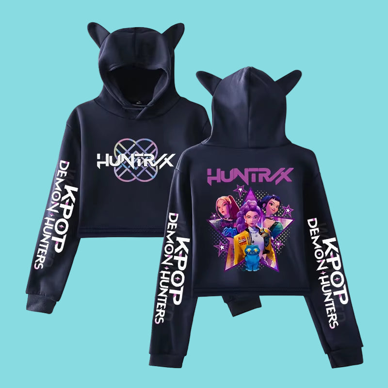 Anime crop hoodie för tjejer. Trendig K-pop streetwear med långa ärmar, kattöron och kort modell.