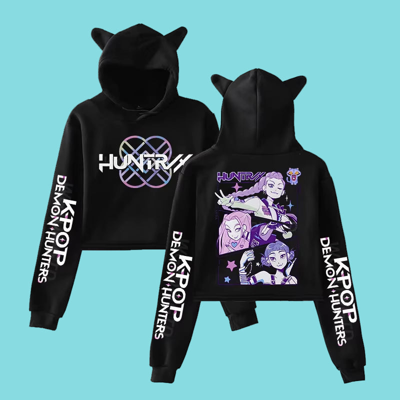 Anime crop hoodie för tjejer. Trendig K-pop streetwear med långa ärmar, kattöron och kort modell.