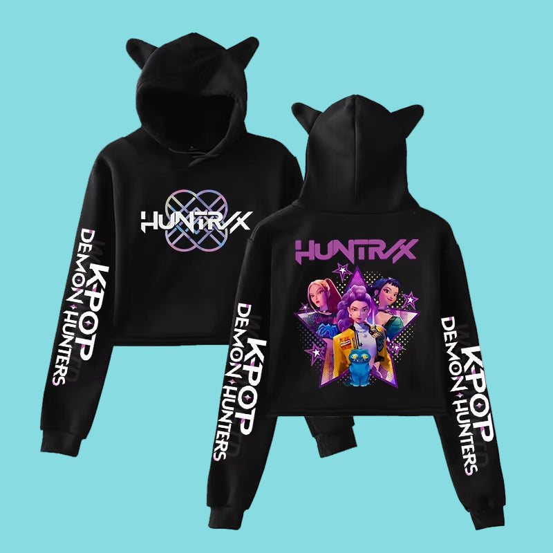 Anime crop hoodie för tjejer. Trendig K-pop streetwear med långa ärmar, kattöron och kort modell. 