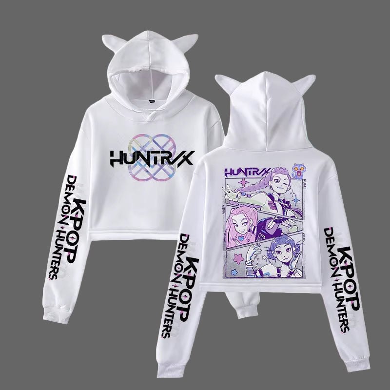 Anime crop hoodie för tjejer. Trendig K-pop streetwear med långa ärmar, kattöron och kort modell.