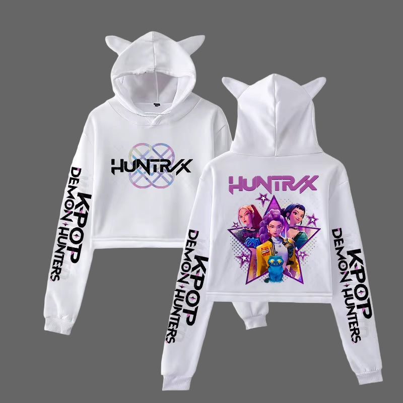 Anime crop hoodie för tjejer. Trendig K-pop streetwear med långa ärmar, kattöron och kort modell. 