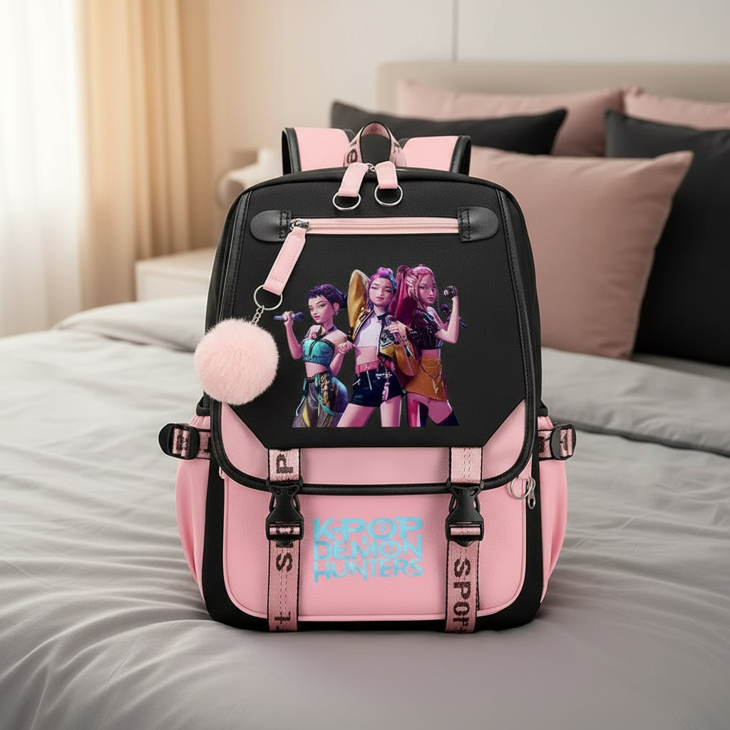 Demon Hunters K-pop ryggsäck – kawaii school bag animeinspirerad design och plats för allt du behöver till skolan!