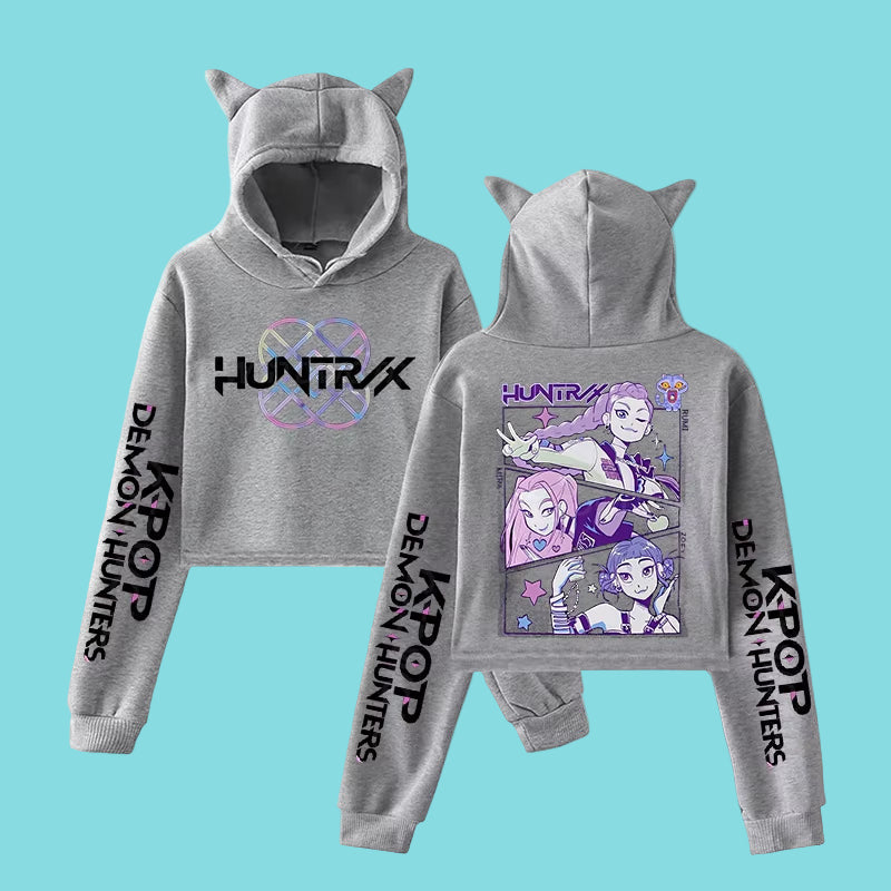 Anime crop hoodie för tjejer. Trendig K-pop streetwear med långa ärmar, kattöron och kort modell.